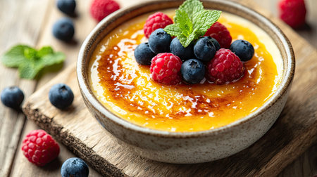 A bowl of smooth with a golden caramelized top, beautifully complemented by fresh berries and mint, captured in close-up on a textured wooden surface.の素材