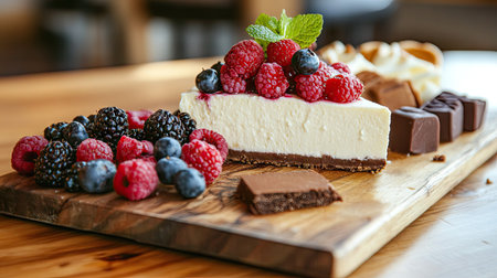 A decadent slice of creamy cheesecake topped with fresh berries, alongside assorted sweet treats on a wooden board. Perfect for dessert-themed visuals.の素材