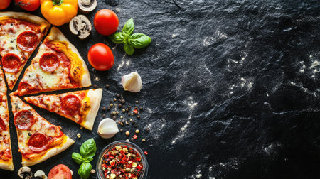 A creative pizza banner showcasing a variety of pizza slices alongside fresh ingredients, all presented on a dramatic black stone background for a bold and appetizing visual appeal.の素材