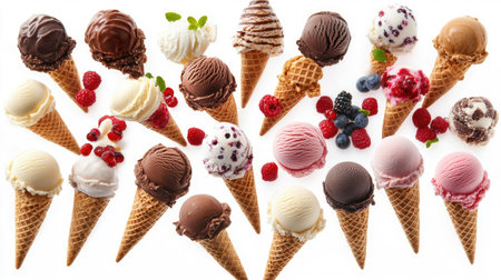 A delightful assortment of ice cream cones with flavors like chocolate, vanilla, and berry, arranged artistically on a white background. Ideal for summer treat marketing.の素材