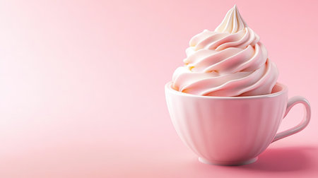 A charming cup of strawberry ice cream with a swirl of whipped cream on top, isolated on a lovely pink background, making it perfect for dessert menus or advertisements.の素材