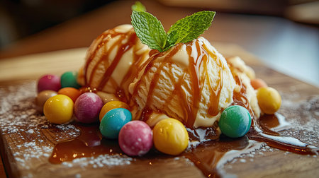 A close-up view of scoops of ice cream, beautifully topped with caramel sauce, mint leaves, and vibrant candies, artfully arranged on a wooden table. Ideal for creating an enticing dessert layout with text space.の素材