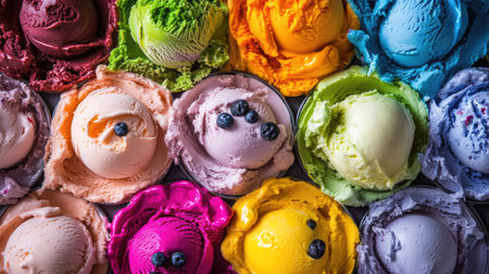 A colorful array of gelato scoops in various flavors, beautifully arranged in a bowl from a top view. The vibrant colors create a delightful and enticing dessert scene.の素材