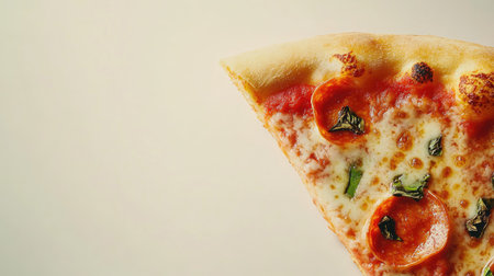 A close-up of a mouthwatering pizza slice, highlighting its crispy crust and delectable toppings, set against a light background with generous copy space available.の素材