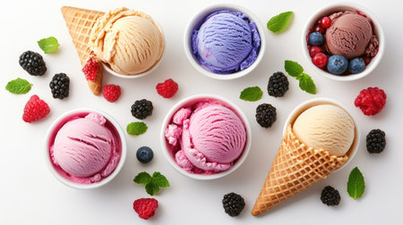 A charming top view of colorful ice cream in bowls, garnished with fresh berries and waffle cones, creating a lively and inviting dessert spread against a crisp white background.の素材