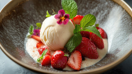 A close-up of a gourmet dessert featuring creamy ice cream in a bowl, beautifully decorated with fresh strawberries, aromatic mint, and a charming flower,の素材