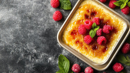 A delectable serving of with fresh raspberries, displayed on a light baking sheet. The design includes clear space for your caption, perfect for dessert promotions.の素材