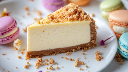 A close-up of a smooth cheesecake slice with a crumbly graham crust, surrounded by colorful macarons and pastries on a white plate. Elegant dessert display.の素材