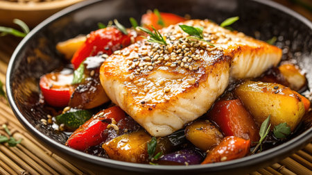 A beautifully plated dish of Chinese stir-fried vegetables and fish, garnished with sesame seeds and herbs, set against a bamboo background for a touch of authenticity.の素材