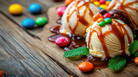 A close-up view of scoops of ice cream, beautifully topped with caramel sauce, mint leaves, and vibrant candies, artfully arranged on a wooden table. Ideal for creating an enticing dessert layout with text space.の素材