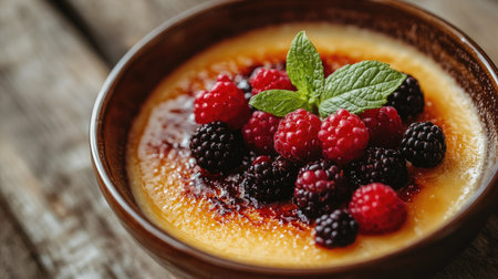 A bowl of decadent topped with assorted berries and a mint garnish, resting on a rustic wooden table. Close-up view showcasing the dessert's beauty.の素材