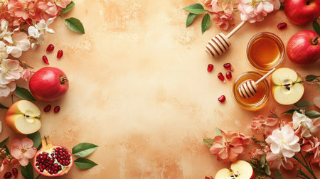 A creative top view of Rosh Hashanah items--apples, honey, pomegranates, and flowers--on a beige-orange background, designed to include space for 'Happy Rosh Hashanah, Shana Tovaの素材
