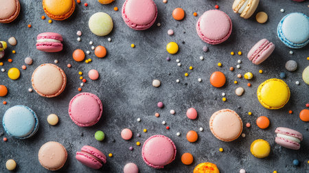 A delightful mix of colorful candies and pastel macarons placed randomly on a stone background. Flat lay with room for copy, perfect for sweet-themed visuals.の素材