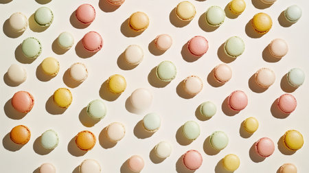 A flat lay of pastel-colored macarons scattered randomly across the frame, creating a playful pattern with negative space in between for copy or design elements.の素材