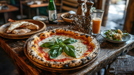 A rustic wooden table set with a delicious Italian pizza, fresh basil leaves, and a side of crispy fish, creating a warm and inviting atmosphere for a meal.の素材