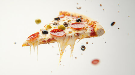 A dynamic image of a flying pizza slice with melted cheese, pepperoni, and olives soaring through the air, set against a clean white background, showcasing its delicious toppingsの素材