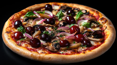 A mouthwatering image of a pizza adorned with luscious cherries, onions, and mushrooms, displayed on a dramatic black background, perfect for food blogs and culinary websites. -の素材