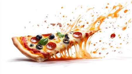 A dynamic image of a flying pizza slice with melted cheese, pepperoni, and olives soaring through the air, set against a clean white background, showcasing its delicious toppingsの素材