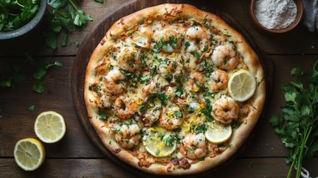 A rich top view of a seafood pizza with garnishes of fresh herbs and lemon zest, elegantly styled on a rustic wooden surface, perfect for food blogs and gourmet marketing.の素材
