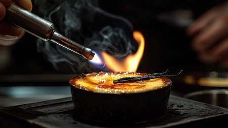 A ramekin of in the spotlight as with a blowtorch, flames licking the surface while vanilla beans enhance the presentation. Ideal for dessert enthusiasts.の素材