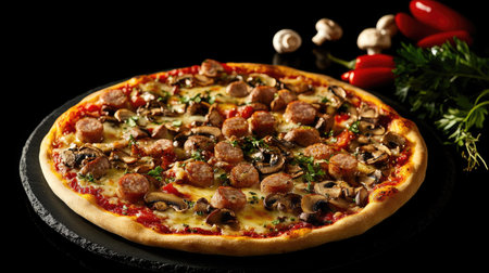 A rich top view of a classic pizza adorned with juicy Bavarian sausages, tender mushrooms, and bubbling cheese, presented against a dramatic black stone backdrop for a gourmet feel.の素材