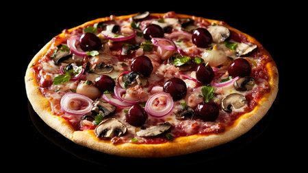 A rich, close-up image of a gourmet pizza topped with cherries, onions, and mushrooms, captured on a dramatic black background to enhance its visual appeal and unique flavor profile.の素材