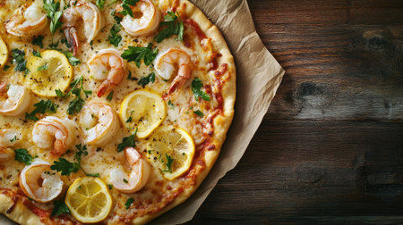 A rich top view of a seafood pizza with garnishes of fresh herbs and lemon zest, elegantly styled on a rustic wooden surface, perfect for food blogs and gourmet marketing.の素材