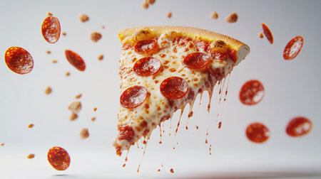 A lively composition featuring a falling slice of Italian pepperoni pizza, showcasing its delicious toppings and cheese, against a bright white backdrop for eye-catching visuals.の素材