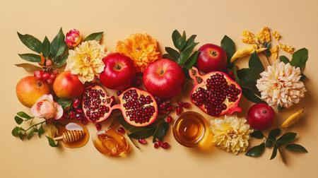 A stunning flat lay of traditional Rosh Hashanah symbols, including pomegranates, apples, honey, and flowers, against a warm beige-orange backdrop, allowing for copy space for Shana Tova greetings.の素材