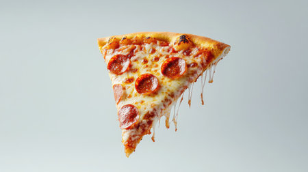 A striking image of a pepperoni pizza slice caught in mid-air, with cheese stretching and toppings visible, against a minimalist white background for a modern food aesthetic.の素材