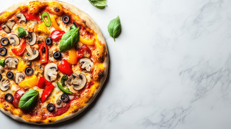 A vibrant pizza adorned with a colorful array of toppings including olives, mushrooms, and peppers, captured on a marble surface, providing generous copy space for advertising.の素材