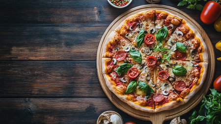 A stunning flat lay of a large pizza topped with fresh ingredients, artfully arranged on a wooden table, designed with ample copy space to showcase your brand or slogan.の素材
