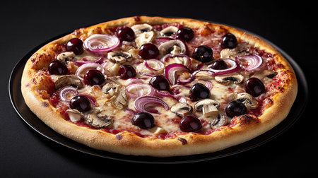 A unique composition of a gourmet pizza featuring cherries, onions, and mushrooms, elegantly presented on a black background, designed to draw attention to its delightful flavors.の素材