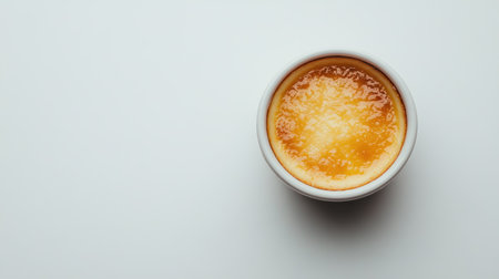 A single ramekin of with a golden caramel top, centered on the lower half of the frame, with open space above for text or design elements.の素材