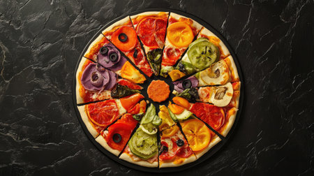 A striking top view of a pizza banner featuring assorted pizza pieces with vibrant toppings, arranged on a textured black stone background, ideal for showcasing culinary creativity.の素材