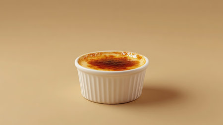 A single ramekin of with a golden caramel top, centered on the lower half of the frame, with open space above for text or design elements.の素材
