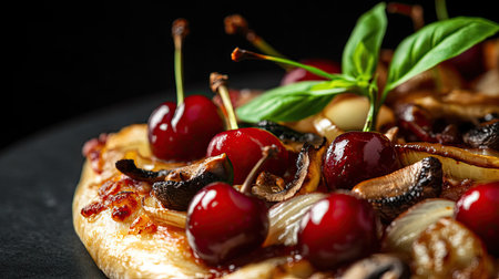 A tantalizing close-up of a pizza topped with plump cherries, caramelized onions, and mushrooms, set against a stark black background, ideal for appealing to adventurous eaters.の素材