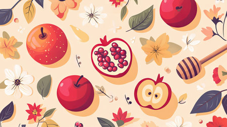 A warm and inviting top view of traditional Rosh Hashanah symbols--apples, pomegranates, honey, and flowers--set against a beige-orange background, leaving room for 'Happy Rosh Hashanah, Shana Tova.'の素材