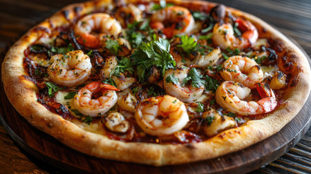 A vibrant close-up of a seafood pizza with shrimp, calamari, and parsley garnish, elegantly displayed on a textured wooden background, showcasing its gourmet appeal.の素材