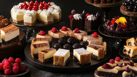 A variety of cheesecake flavors displayed in small portions, surrounded by delicate pastries and confections, creating a vibrant and inviting dessert scene.の素材