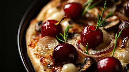 A tantalizing close-up of a pizza topped with plump cherries, caramelized onions, and mushrooms, set against a stark black background, ideal for appealing to adventurous eaters.の素材