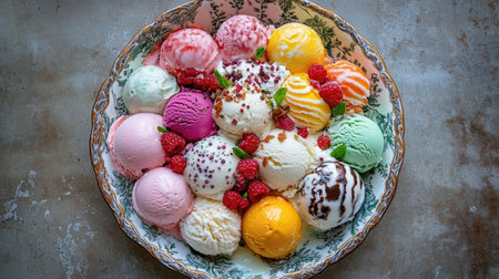 A top-down view of gelato served in a decorative dish, featuring vibrant flavors and toppings. The colorful arrangement is perfect for showcasing sweet indulgence. -の素材