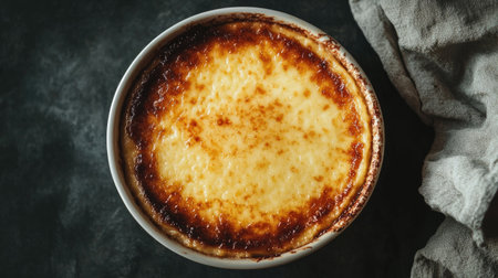 Aerial shot of cr cottage cheese cheesecake in a casserole dish, set on a dark surface. The contrast emphasizes its creamy texture, perfect for enticing dessert visuals.の素材