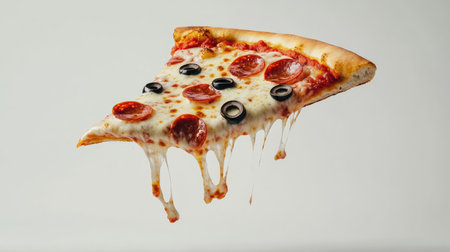 A vibrant image of a flying pizza slice, showcasing a generous amount of pepperoni, olives, and melted cheese, captured in motion on a minimalist white background for impact.の素材
