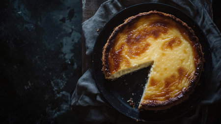 A stunning casserole pie of cottage cheese cheesecake, elegantly displayed on a dark background. The contrast highlights the creamy texture, perfect for dessert-themed visuals.の素材