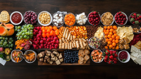 A stunning top view of a table filled with an assortment of delicious foods, including vibrant fruits, savory snacks, and rich desserts, all artfully displayed on a dark wood surfaceの素材