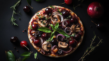 A visually striking image of a gourmet pizza topped with juicy cherries, saut onions, and earthy mushrooms, beautifully arranged on a black background, perfect for highlighting unique flavors.の素材