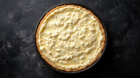 Aerial view of a creamy cottage cheese cheesecake casserole pie, garnished and beautifully arranged on a dark surface. The rich colors create an inviting dessert image.の素材