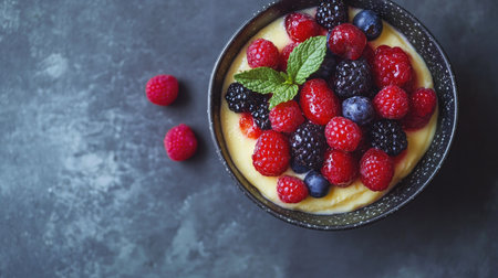 Aerial view of a delicious bowl of cr decorated with vibrant berries and mint, set against a grey tabletop. Generous space for text or logo placement. --ar 16:9 --v 6.1 Job ID: 75a24797-95e9-49f6-8381-8db050493cdbの素材