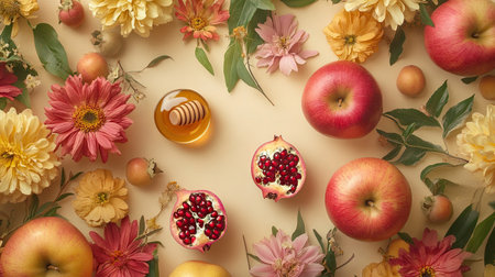 A top view layout of Rosh Hashanah symbols including fresh apples, honey, and pomegranates, beautifully framed by summer flowers on a warm beige background, perfect for Shana Tova wishes.の素材